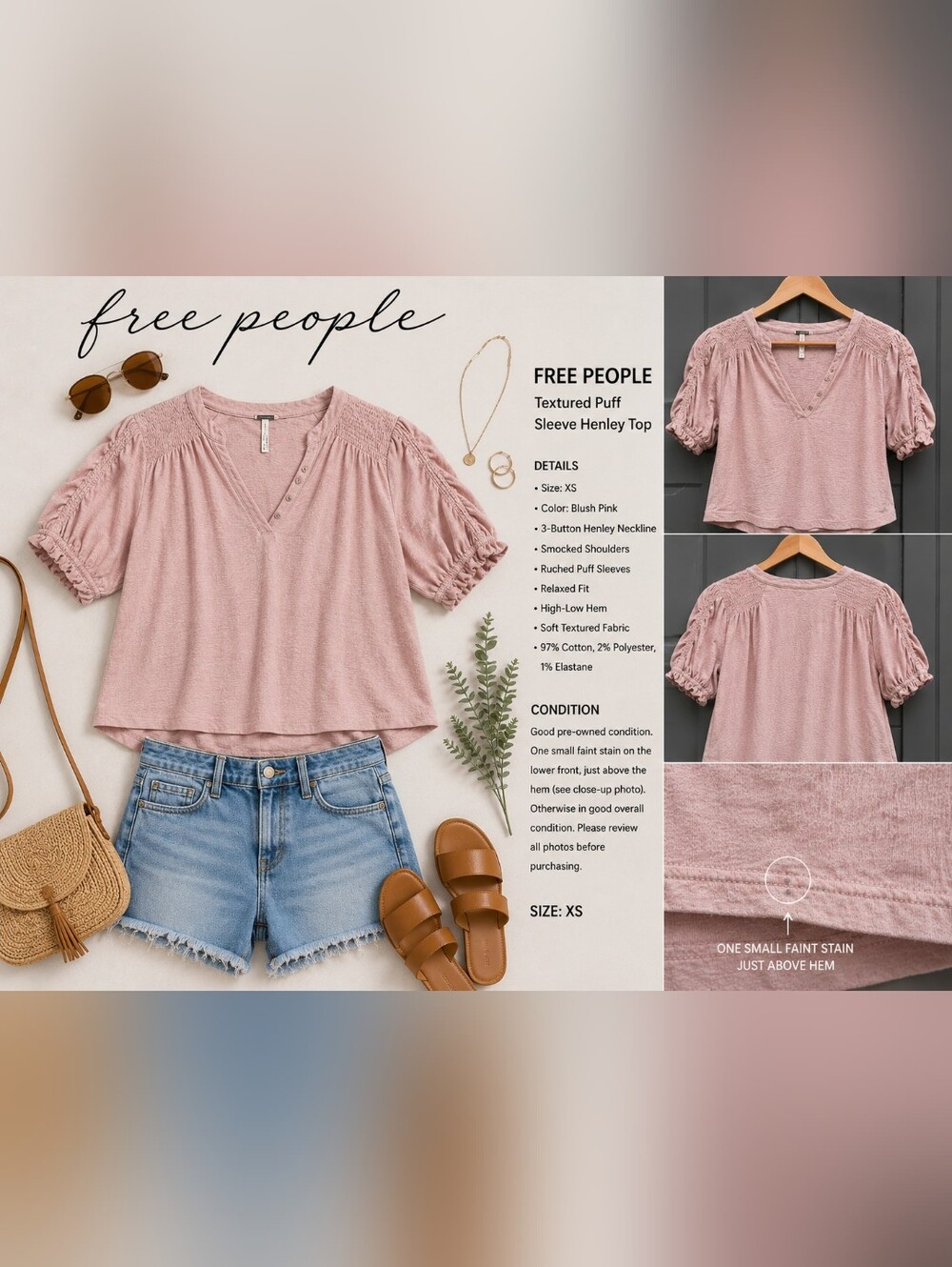 Free People Blush Textured Puff Sleeve Henley Top XS Boho